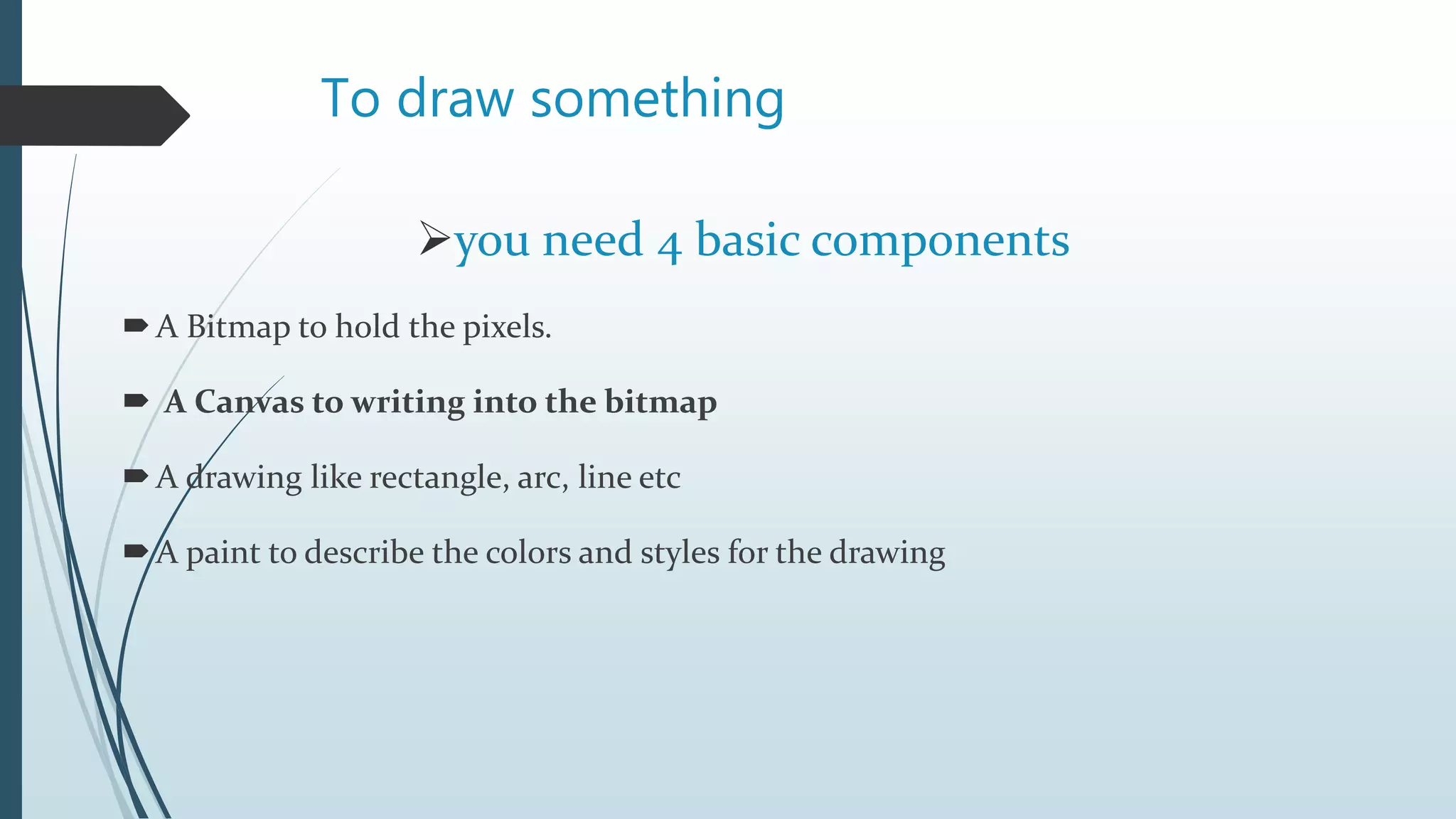 To draw something
you need 4 basic components
A Bitmap to hold the pixels.
 A Canvas to writing into the bitmap
A drawing like rectangle, arc, line etc
A paint to describe the colors and styles for the drawing
 