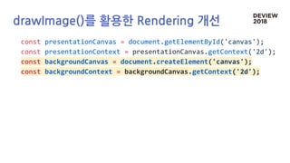 drawImage()를 활용한 Rendering 개선
const presentationCanvas = document.getElementById('canvas');
const presentationContext = presentationCanvas.getContext('2d');
const backgroundCanvas = document.createElement('canvas');
const backgroundContext = backgroundCanvas.getContext('2d');
 