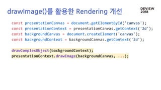 drawImage()를 활용한 Rendering 개선
const presentationCanvas = document.getElementById('canvas');
const presentationContext = presentationCanvas.getContext('2d');
const backgroundCanvas = document.createElement('canvas');
const backgroundContext = backgroundCanvas.getContext('2d');
drawComplexObject(backgroundContext);
presentationContext.drawImage(backgroundCanvas, ...);
 