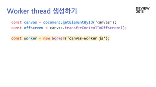 Worker thread 생성하기
const canvas = document.getElementById(‘canvas’);
const offscreen = canvas.transferControlToOffscreen();
const worker = new Worker(‘canvas-worker.js’);
 