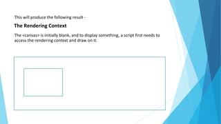 This will produce the following result -
The Rendering Context
The <canvas> is initially blank, and to display something, a script first needs to
access the rendering context and draw on it.
 