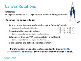 Canvas Rotations
Reference:
An object is said to be at 0 angle rotation when it is facing to the left.

Rotating the canvas steps:
› Set the current Canvas transformation to the “identity” matrix
      › context.setTransform(1,0,0,1,0,0);
›    Convert rotation angle to radians:
      › Canvas uses radians to specify its transformations.
›    Only objects drawn AFTER context.rotate() are affected
      › Canvas uses radians to specify its transformations.
›    In the absence of a defined origin for rotation

       Transformations are applied to shapes and paths drawn after the
    setTransform() and rotate() or other transformation function is called.
 