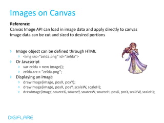 Images on Canvas
Reference:
Canvas Image API can load in image data and apply directly to canvas
Image data can be cut and sized to desired portions


› Image object can be defined through HTML
    › <img src=“zelda.png” id=“zelda”>
› Or Javascript
    › var zelda = new Image();
    › zelda.src = “zelda.png”;
› Displaying an image
    › drawImage(image, posX, poxY);
    › drawImage(image, posX, posY, scaleW, scaleH);
    › drawImage(image, sourceX, sourceY, sourceW, sourceH, posX, posY, scaleW, scaleH);
 