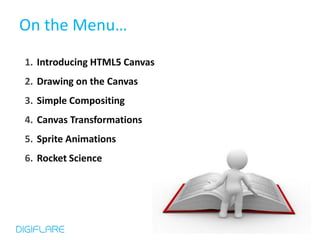 On the Menu…
1. Introducing HTML5 Canvas
2. Drawing on the Canvas
3. Simple Compositing
4. Canvas Transformations
5. Sprite Animations
6. Rocket Science
 