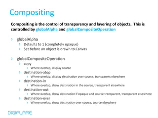 Compositing
Compositing is the control of transparency and layering of objects. This is
controlled by globalAlpha and globalCompositeOperation

› globalAlpha
    › Defaults to 1 (completely opaque)
    › Set before an object is drawn to Canvas

› globalCompositeOperation
    › copy
         › Where overlap, display source
    ›   destination-atop
         › Where overlap, display destination over source, transparent elsewhere
    ›   destination-in
         › Where overlap, show destination in the source, transparent elsewhere
    ›   destination-out
         › Where overlap, show destination if opaque and source transparent, transparent elsewhere
    ›   destination-over
         › Where overlap, show destination over source, source elsewhere
 