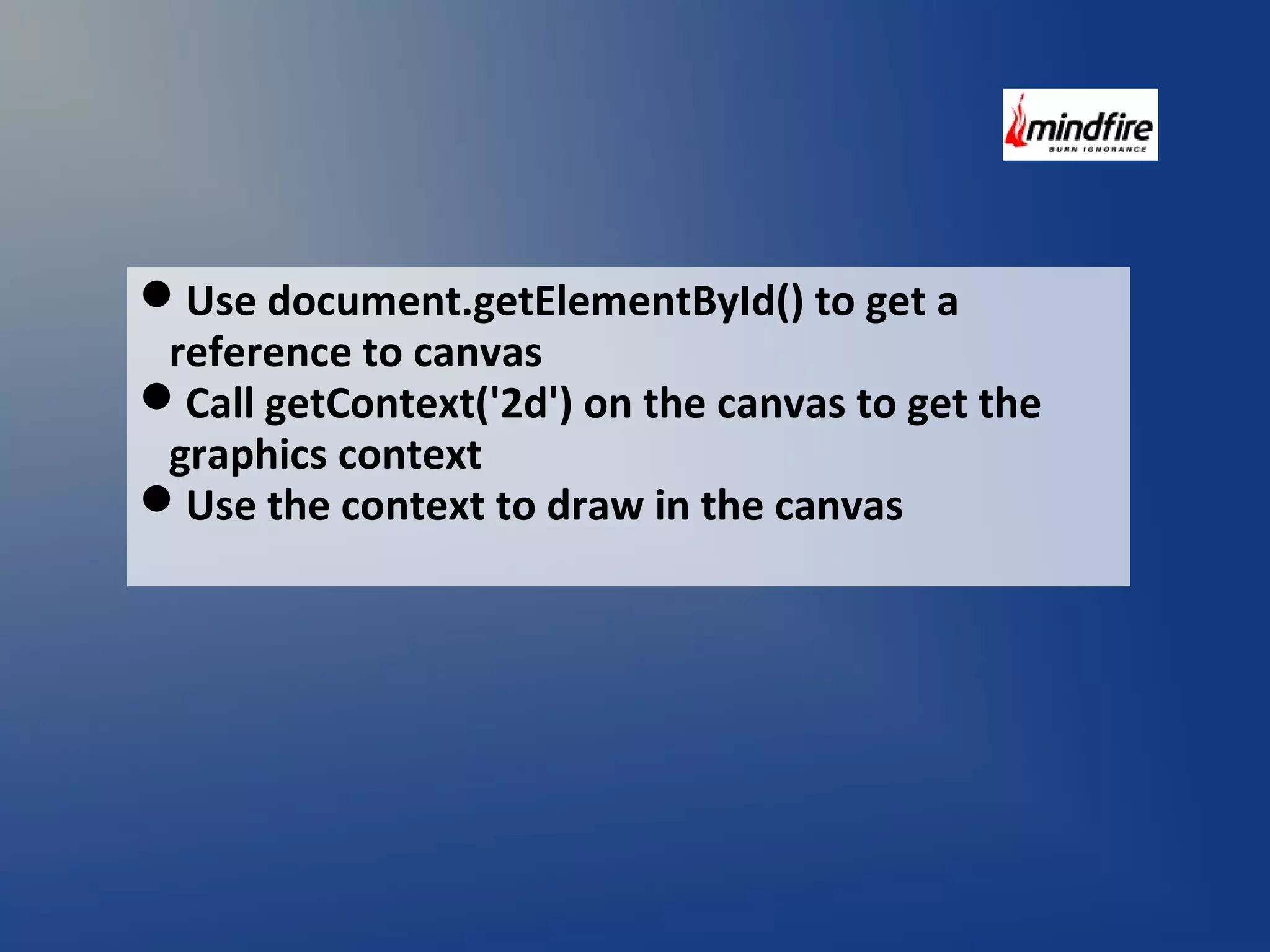 Use document.getElementById() to get a 
reference to canvas 
Call getContext('2d') on the canvas to get the 
graphics context 
Use the context to draw in the canvas 
 
