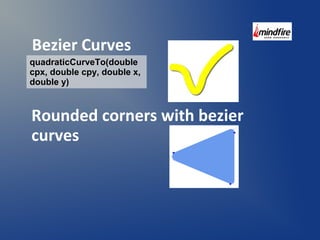 Bezier Curves 
quadraticCurveTo(double 
cpx, double cpy, double x, 
double y) 
Rounded corners with bezier 
curves 
 