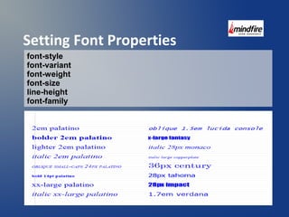 Setting Font Properties 
font-style 
font-variant 
font-weight 
font-size 
line-height 
font-family 
 