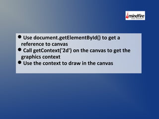 Use document.getElementById() to get a 
reference to canvas 
Call getContext('2d') on the canvas to get the 
graphics context 
Use the context to draw in the canvas 
 