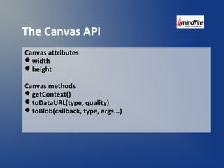 The Canvas API 
Canvas attributes 
width 
height 
Canvas methods 
getContext() 
toDataURL(type, quality) 
toBlob(callback, type, args...) 
 
