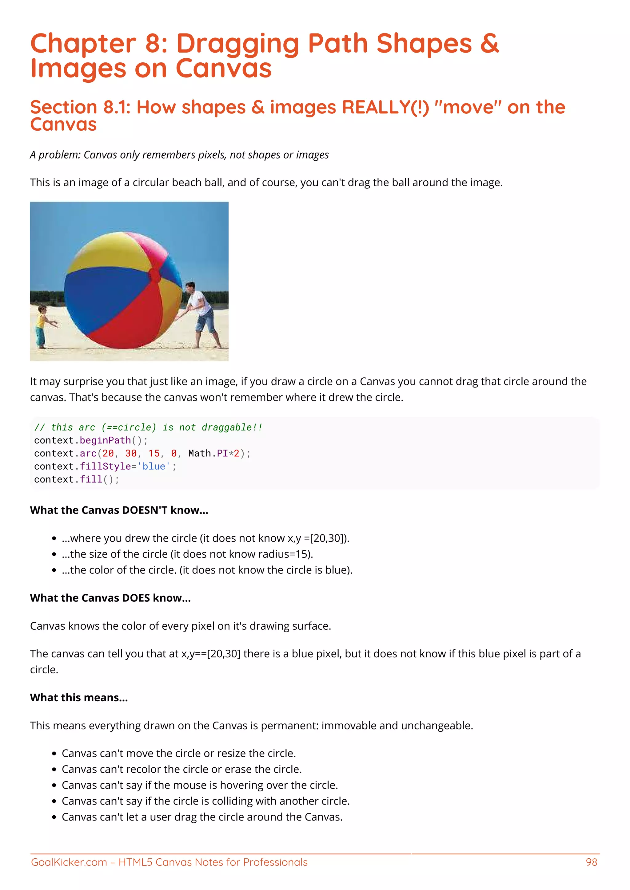 GoalKicker.com – HTML5 Canvas Notes for Professionals 98
Chapter 8: Dragging Path Shapes &
Images on Canvas
Section 8.1: How shapes & images REALLY(!) "move" on the
Canvas
A problem: Canvas only remembers pixels, not shapes or images
This is an image of a circular beach ball, and of course, you can't drag the ball around the image.
It may surprise you that just like an image, if you draw a circle on a Canvas you cannot drag that circle around the
canvas. That's because the canvas won't remember where it drew the circle.
// this arc (==circle) is not draggable!!
context.beginPath();
context.arc(20, 30, 15, 0, Math.PI*2);
context.fillStyle='blue';
context.fill();
What the Canvas DOESN'T know...
...where you drew the circle (it does not know x,y =[20,30]).
...the size of the circle (it does not know radius=15).
...the color of the circle. (it does not know the circle is blue).
What the Canvas DOES know...
Canvas knows the color of every pixel on it's drawing surface.
The canvas can tell you that at x,y==[20,30] there is a blue pixel, but it does not know if this blue pixel is part of a
circle.
What this means...
This means everything drawn on the Canvas is permanent: immovable and unchangeable.
Canvas can't move the circle or resize the circle.
Canvas can't recolor the circle or erase the circle.
Canvas can't say if the mouse is hovering over the circle.
Canvas can't say if the circle is colliding with another circle.
Canvas can't let a user drag the circle around the Canvas.
 