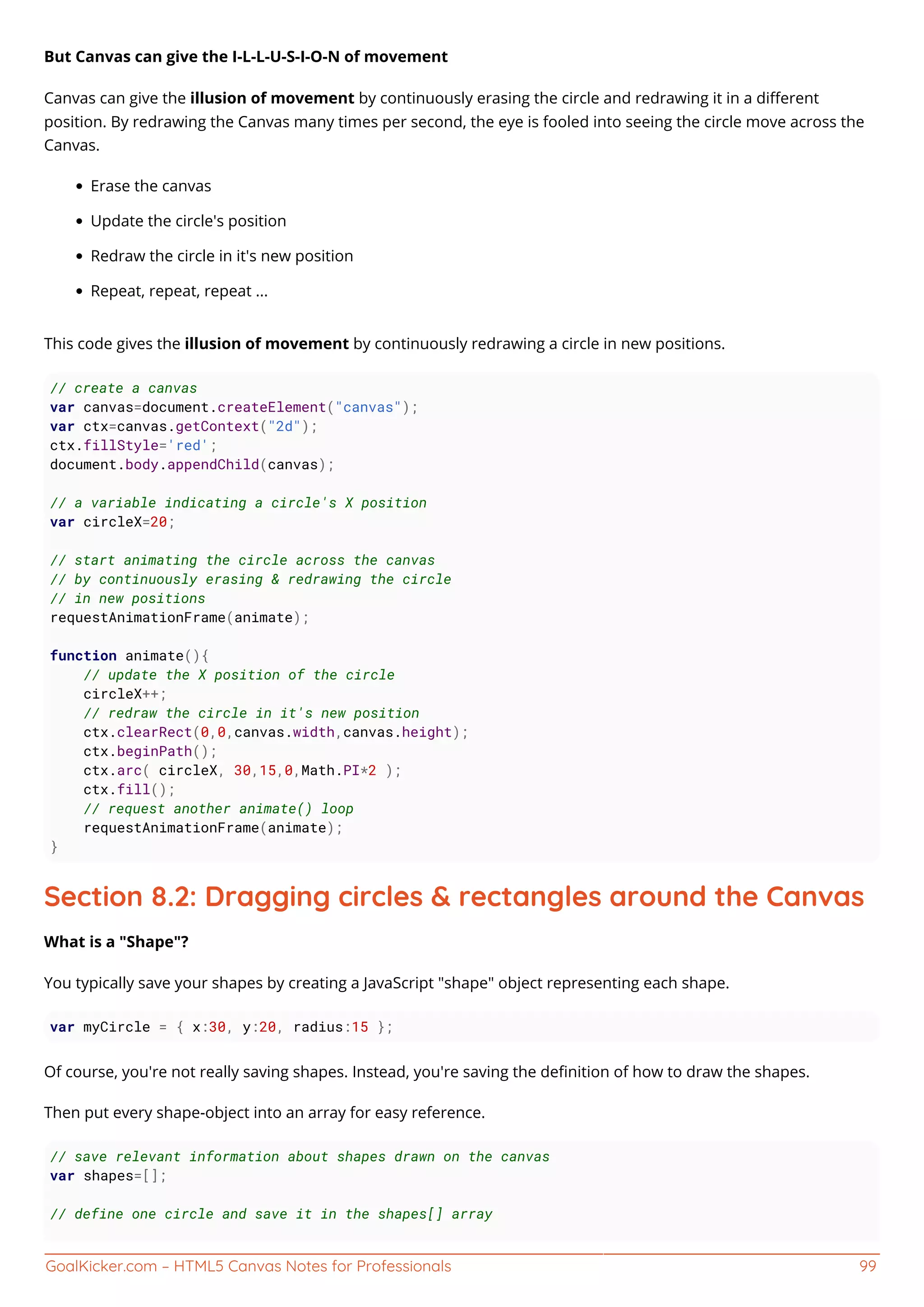 GoalKicker.com – HTML5 Canvas Notes for Professionals 99
But Canvas can give the I-L-L-U-S-I-O-N of movement
Canvas can give the illusion of movement by continuously erasing the circle and redrawing it in a diﬀerent
position. By redrawing the Canvas many times per second, the eye is fooled into seeing the circle move across the
Canvas.
Erase the canvas
Update the circle's position
Redraw the circle in it's new position
Repeat, repeat, repeat ...
This code gives the illusion of movement by continuously redrawing a circle in new positions.
// create a canvas
var canvas=document.createElement("canvas");
var ctx=canvas.getContext("2d");
ctx.fillStyle='red';
document.body.appendChild(canvas);
// a variable indicating a circle's X position
var circleX=20;
// start animating the circle across the canvas
// by continuously erasing & redrawing the circle
// in new positions
requestAnimationFrame(animate);
function animate(){
// update the X position of the circle
circleX++;
// redraw the circle in it's new position
ctx.clearRect(0,0,canvas.width,canvas.height);
ctx.beginPath();
ctx.arc( circleX, 30,15,0,Math.PI*2 );
ctx.fill();
// request another animate() loop
requestAnimationFrame(animate);
}
Section 8.2: Dragging circles & rectangles around the Canvas
What is a "Shape"?
You typically save your shapes by creating a JavaScript "shape" object representing each shape.
var myCircle = { x:30, y:20, radius:15 };
Of course, you're not really saving shapes. Instead, you're saving the deﬁnition of how to draw the shapes.
Then put every shape-object into an array for easy reference.
// save relevant information about shapes drawn on the canvas
var shapes=[];
// define one circle and save it in the shapes[] array
 