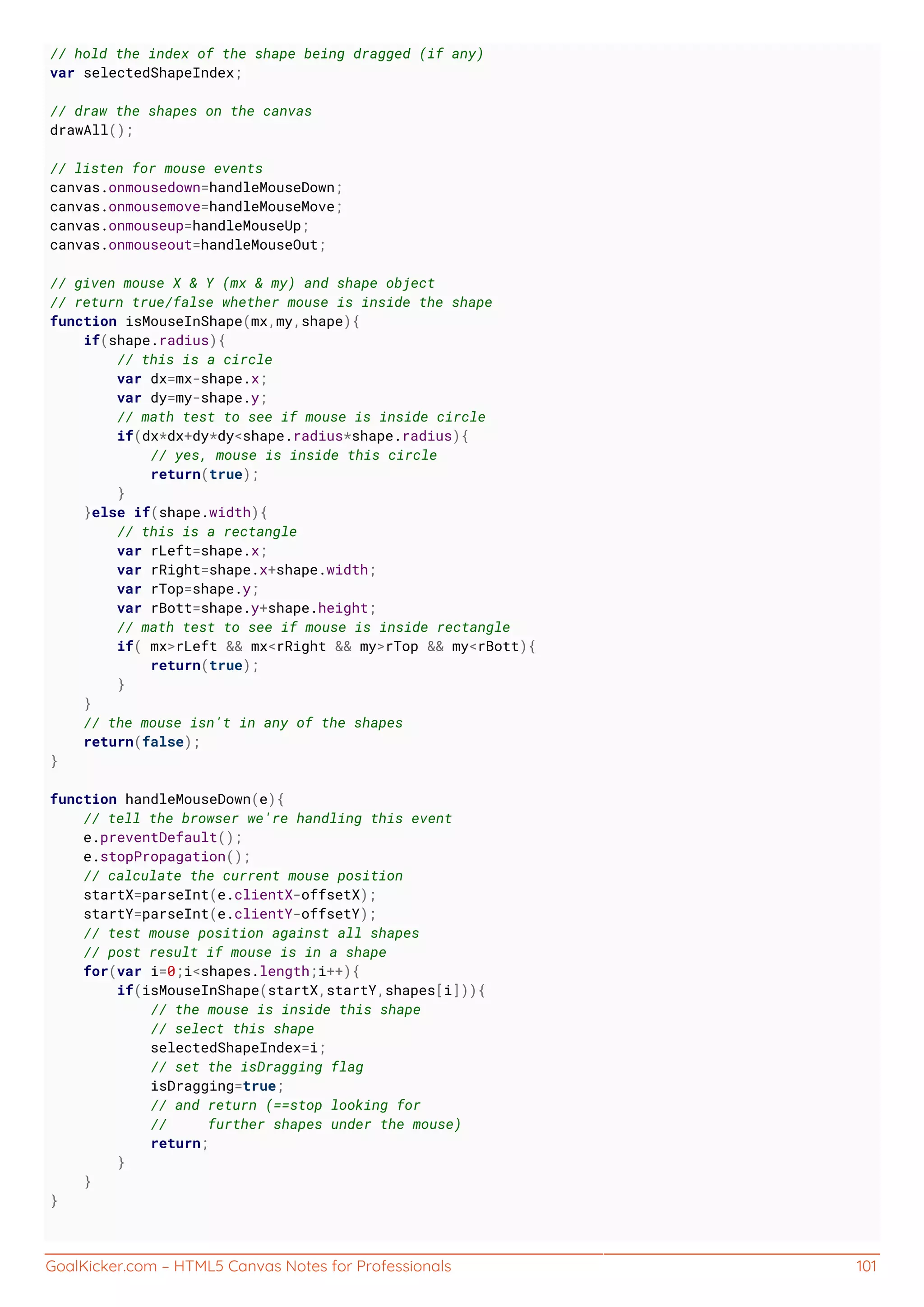 GoalKicker.com – HTML5 Canvas Notes for Professionals 101
// hold the index of the shape being dragged (if any)
var selectedShapeIndex;
// draw the shapes on the canvas
drawAll();
// listen for mouse events
canvas.onmousedown=handleMouseDown;
canvas.onmousemove=handleMouseMove;
canvas.onmouseup=handleMouseUp;
canvas.onmouseout=handleMouseOut;
// given mouse X & Y (mx & my) and shape object
// return true/false whether mouse is inside the shape
function isMouseInShape(mx,my,shape){
if(shape.radius){
// this is a circle
var dx=mx-shape.x;
var dy=my-shape.y;
// math test to see if mouse is inside circle
if(dx*dx+dy*dy<shape.radius*shape.radius){
// yes, mouse is inside this circle
return(true);
}
}else if(shape.width){
// this is a rectangle
var rLeft=shape.x;
var rRight=shape.x+shape.width;
var rTop=shape.y;
var rBott=shape.y+shape.height;
// math test to see if mouse is inside rectangle
if( mx>rLeft && mx<rRight && my>rTop && my<rBott){
return(true);
}
}
// the mouse isn't in any of the shapes
return(false);
}
function handleMouseDown(e){
// tell the browser we're handling this event
e.preventDefault();
e.stopPropagation();
// calculate the current mouse position
startX=parseInt(e.clientX-offsetX);
startY=parseInt(e.clientY-offsetY);
// test mouse position against all shapes
// post result if mouse is in a shape
for(var i=0;i<shapes.length;i++){
if(isMouseInShape(startX,startY,shapes[i])){
// the mouse is inside this shape
// select this shape
selectedShapeIndex=i;
// set the isDragging flag
isDragging=true;
// and return (==stop looking for
// further shapes under the mouse)
return;
}
}
}
 