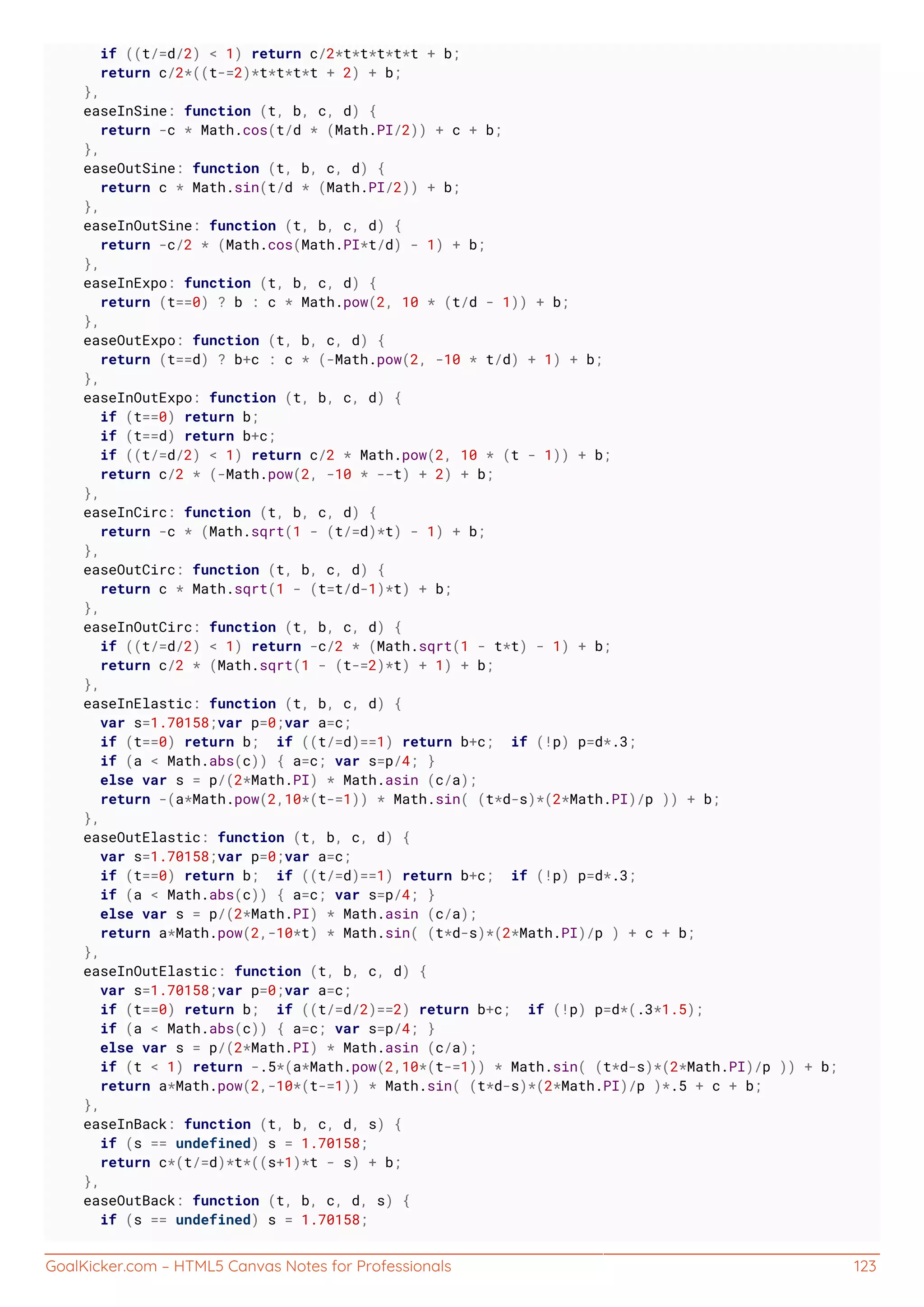 GoalKicker.com – HTML5 Canvas Notes for Professionals 123
if ((t/=d/2) < 1) return c/2*t*t*t*t*t + b;
return c/2*((t-=2)*t*t*t*t + 2) + b;
},
easeInSine: function (t, b, c, d) {
return -c * Math.cos(t/d * (Math.PI/2)) + c + b;
},
easeOutSine: function (t, b, c, d) {
return c * Math.sin(t/d * (Math.PI/2)) + b;
},
easeInOutSine: function (t, b, c, d) {
return -c/2 * (Math.cos(Math.PI*t/d) - 1) + b;
},
easeInExpo: function (t, b, c, d) {
return (t==0) ? b : c * Math.pow(2, 10 * (t/d - 1)) + b;
},
easeOutExpo: function (t, b, c, d) {
return (t==d) ? b+c : c * (-Math.pow(2, -10 * t/d) + 1) + b;
},
easeInOutExpo: function (t, b, c, d) {
if (t==0) return b;
if (t==d) return b+c;
if ((t/=d/2) < 1) return c/2 * Math.pow(2, 10 * (t - 1)) + b;
return c/2 * (-Math.pow(2, -10 * --t) + 2) + b;
},
easeInCirc: function (t, b, c, d) {
return -c * (Math.sqrt(1 - (t/=d)*t) - 1) + b;
},
easeOutCirc: function (t, b, c, d) {
return c * Math.sqrt(1 - (t=t/d-1)*t) + b;
},
easeInOutCirc: function (t, b, c, d) {
if ((t/=d/2) < 1) return -c/2 * (Math.sqrt(1 - t*t) - 1) + b;
return c/2 * (Math.sqrt(1 - (t-=2)*t) + 1) + b;
},
easeInElastic: function (t, b, c, d) {
var s=1.70158;var p=0;var a=c;
if (t==0) return b; if ((t/=d)==1) return b+c; if (!p) p=d*.3;
if (a < Math.abs(c)) { a=c; var s=p/4; }
else var s = p/(2*Math.PI) * Math.asin (c/a);
return -(a*Math.pow(2,10*(t-=1)) * Math.sin( (t*d-s)*(2*Math.PI)/p )) + b;
},
easeOutElastic: function (t, b, c, d) {
var s=1.70158;var p=0;var a=c;
if (t==0) return b; if ((t/=d)==1) return b+c; if (!p) p=d*.3;
if (a < Math.abs(c)) { a=c; var s=p/4; }
else var s = p/(2*Math.PI) * Math.asin (c/a);
return a*Math.pow(2,-10*t) * Math.sin( (t*d-s)*(2*Math.PI)/p ) + c + b;
},
easeInOutElastic: function (t, b, c, d) {
var s=1.70158;var p=0;var a=c;
if (t==0) return b; if ((t/=d/2)==2) return b+c; if (!p) p=d*(.3*1.5);
if (a < Math.abs(c)) { a=c; var s=p/4; }
else var s = p/(2*Math.PI) * Math.asin (c/a);
if (t < 1) return -.5*(a*Math.pow(2,10*(t-=1)) * Math.sin( (t*d-s)*(2*Math.PI)/p )) + b;
return a*Math.pow(2,-10*(t-=1)) * Math.sin( (t*d-s)*(2*Math.PI)/p )*.5 + c + b;
},
easeInBack: function (t, b, c, d, s) {
if (s == undefined) s = 1.70158;
return c*(t/=d)*t*((s+1)*t - s) + b;
},
easeOutBack: function (t, b, c, d, s) {
if (s == undefined) s = 1.70158;
 