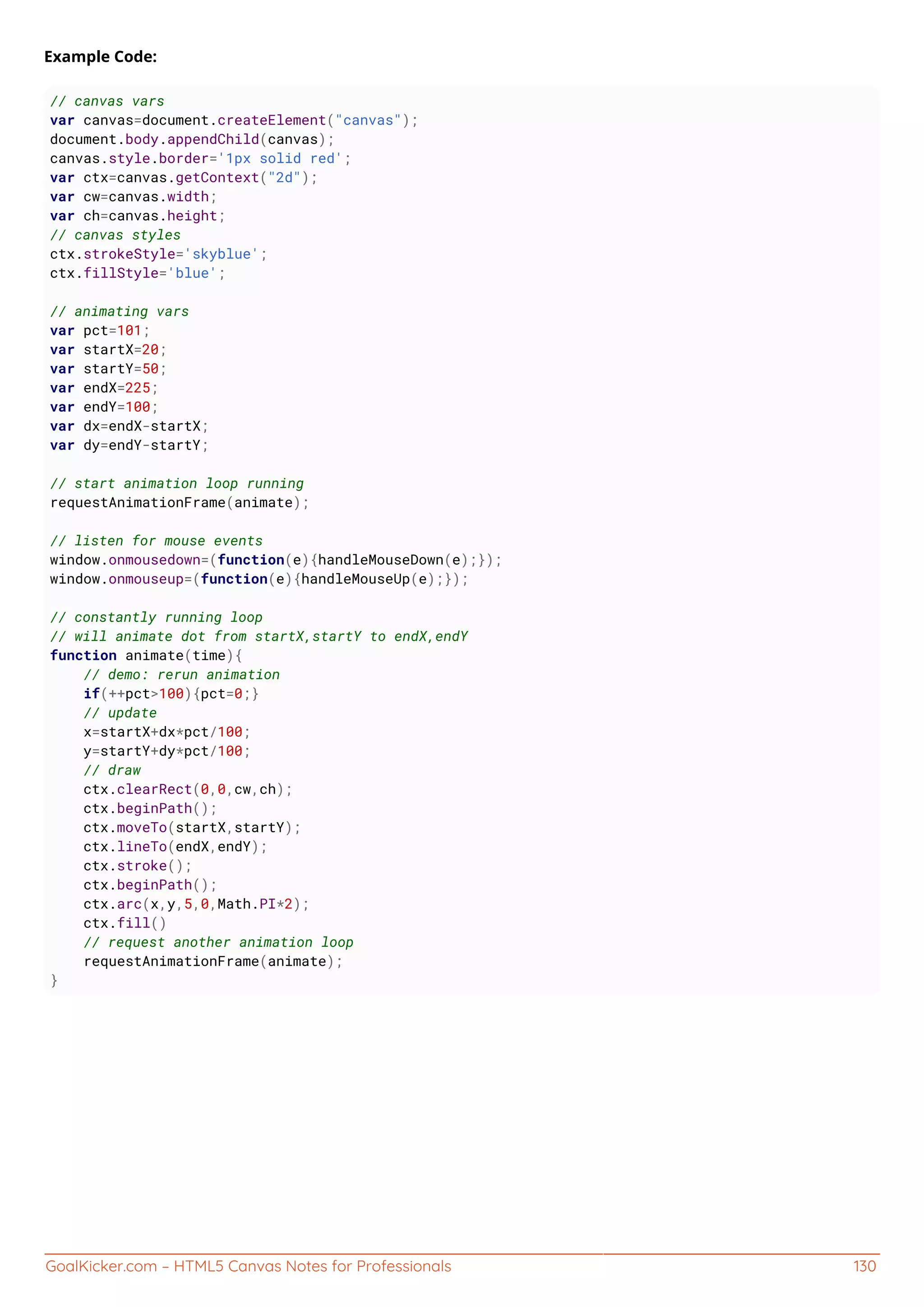 GoalKicker.com – HTML5 Canvas Notes for Professionals 130
Example Code:
// canvas vars
var canvas=document.createElement("canvas");
document.body.appendChild(canvas);
canvas.style.border='1px solid red';
var ctx=canvas.getContext("2d");
var cw=canvas.width;
var ch=canvas.height;
// canvas styles
ctx.strokeStyle='skyblue';
ctx.fillStyle='blue';
// animating vars
var pct=101;
var startX=20;
var startY=50;
var endX=225;
var endY=100;
var dx=endX-startX;
var dy=endY-startY;
// start animation loop running
requestAnimationFrame(animate);
// listen for mouse events
window.onmousedown=(function(e){handleMouseDown(e);});
window.onmouseup=(function(e){handleMouseUp(e);});
// constantly running loop
// will animate dot from startX,startY to endX,endY
function animate(time){
// demo: rerun animation
if(++pct>100){pct=0;}
// update
x=startX+dx*pct/100;
y=startY+dy*pct/100;
// draw
ctx.clearRect(0,0,cw,ch);
ctx.beginPath();
ctx.moveTo(startX,startY);
ctx.lineTo(endX,endY);
ctx.stroke();
ctx.beginPath();
ctx.arc(x,y,5,0,Math.PI*2);
ctx.fill()
// request another animation loop
requestAnimationFrame(animate);
}
 