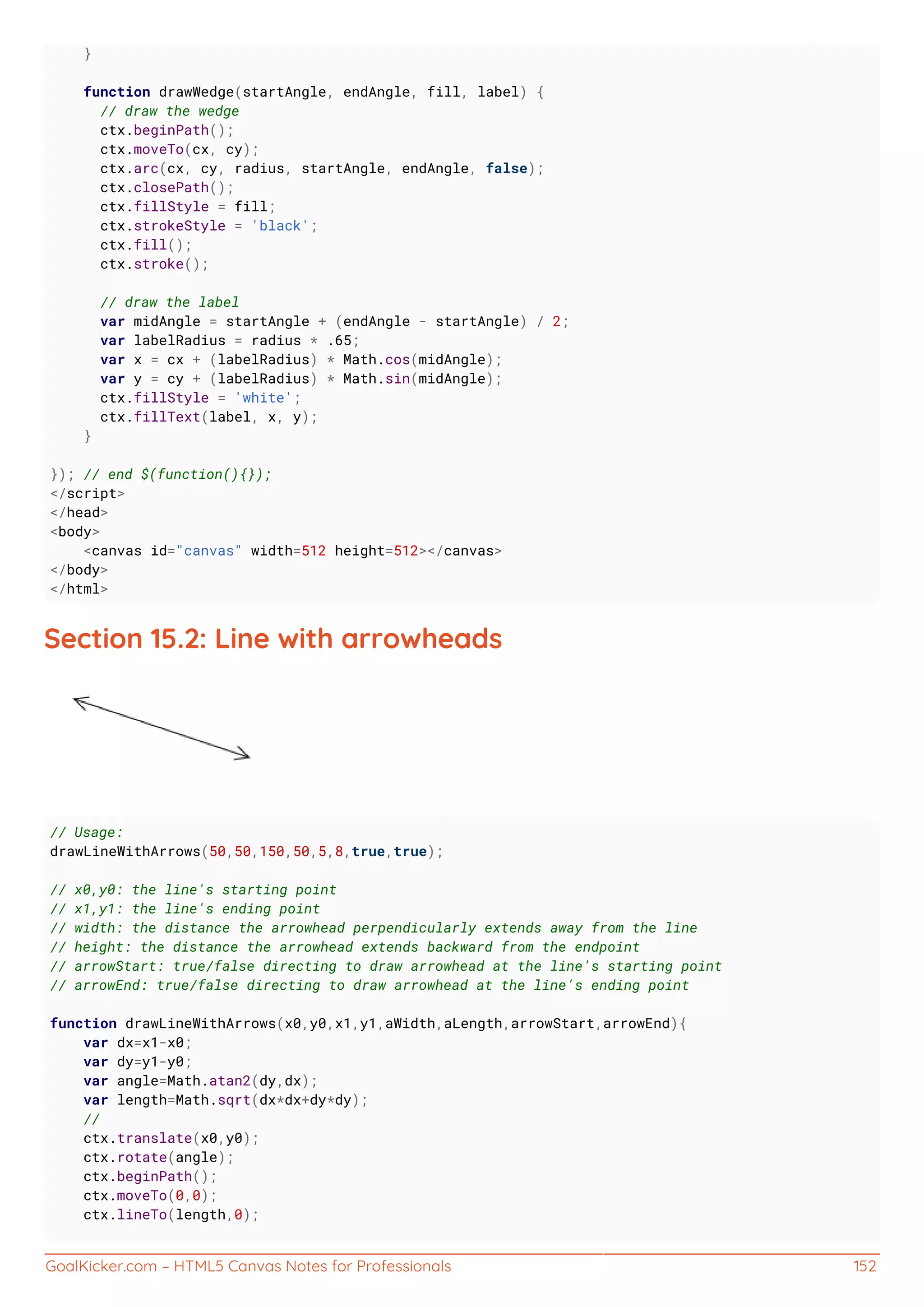 GoalKicker.com – HTML5 Canvas Notes for Professionals 152
}
function drawWedge(startAngle, endAngle, fill, label) {
// draw the wedge
ctx.beginPath();
ctx.moveTo(cx, cy);
ctx.arc(cx, cy, radius, startAngle, endAngle, false);
ctx.closePath();
ctx.fillStyle = fill;
ctx.strokeStyle = 'black';
ctx.fill();
ctx.stroke();
// draw the label
var midAngle = startAngle + (endAngle - startAngle) / 2;
var labelRadius = radius * .65;
var x = cx + (labelRadius) * Math.cos(midAngle);
var y = cy + (labelRadius) * Math.sin(midAngle);
ctx.fillStyle = 'white';
ctx.fillText(label, x, y);
}
}); // end $(function(){});
</script>
</head>
<body>
<canvas id="canvas" width=512 height=512></canvas>
</body>
</html>
Section 15.2: Line with arrowheads
// Usage:
drawLineWithArrows(50,50,150,50,5,8,true,true);
// x0,y0: the line's starting point
// x1,y1: the line's ending point
// width: the distance the arrowhead perpendicularly extends away from the line
// height: the distance the arrowhead extends backward from the endpoint
// arrowStart: true/false directing to draw arrowhead at the line's starting point
// arrowEnd: true/false directing to draw arrowhead at the line's ending point
function drawLineWithArrows(x0,y0,x1,y1,aWidth,aLength,arrowStart,arrowEnd){
var dx=x1-x0;
var dy=y1-y0;
var angle=Math.atan2(dy,dx);
var length=Math.sqrt(dx*dx+dy*dy);
//
ctx.translate(x0,y0);
ctx.rotate(angle);
ctx.beginPath();
ctx.moveTo(0,0);
ctx.lineTo(length,0);
 