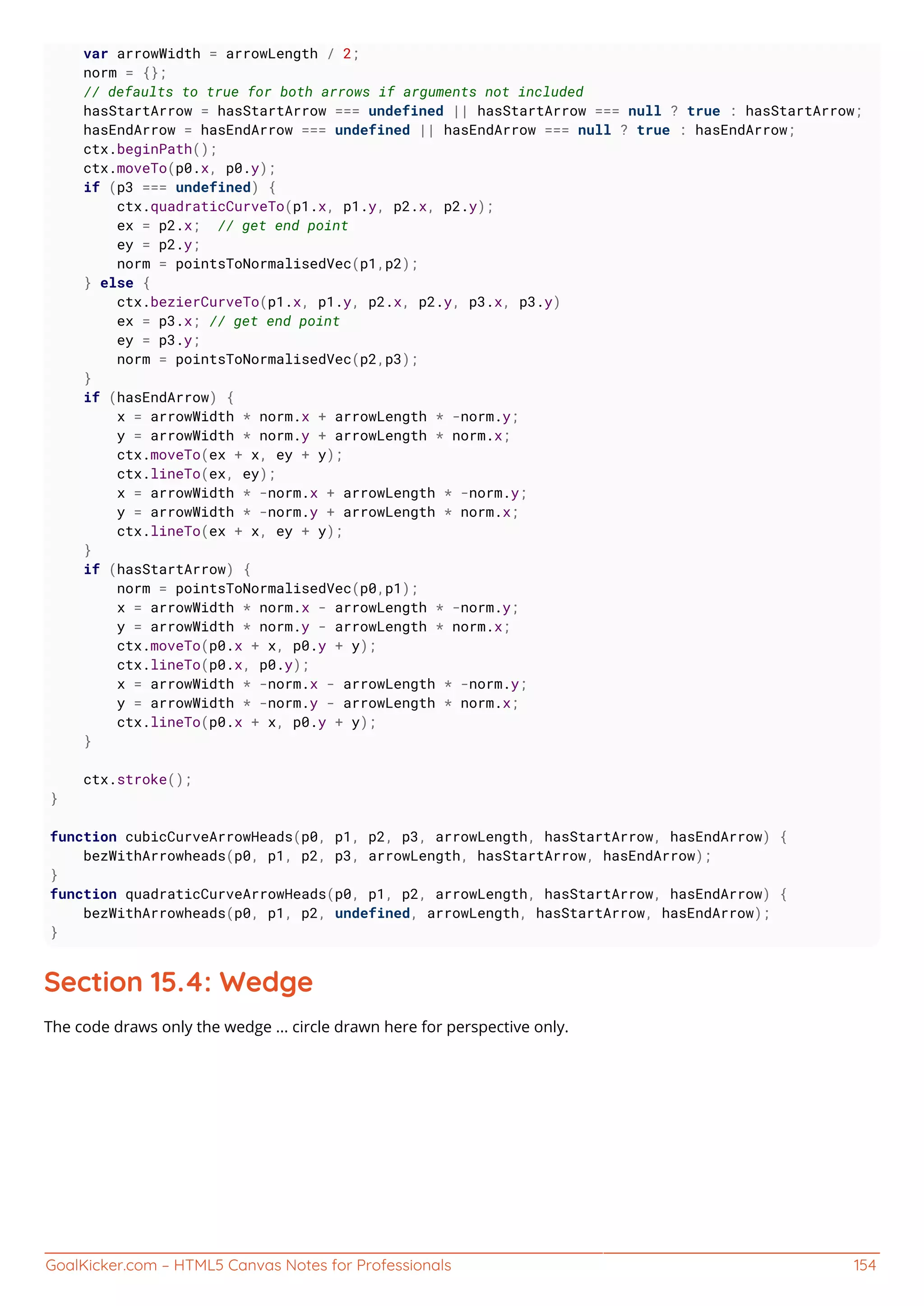 GoalKicker.com – HTML5 Canvas Notes for Professionals 154
var arrowWidth = arrowLength / 2;
norm = {};
// defaults to true for both arrows if arguments not included
hasStartArrow = hasStartArrow === undefined || hasStartArrow === null ? true : hasStartArrow;
hasEndArrow = hasEndArrow === undefined || hasEndArrow === null ? true : hasEndArrow;
ctx.beginPath();
ctx.moveTo(p0.x, p0.y);
if (p3 === undefined) {
ctx.quadraticCurveTo(p1.x, p1.y, p2.x, p2.y);
ex = p2.x; // get end point
ey = p2.y;
norm = pointsToNormalisedVec(p1,p2);
} else {
ctx.bezierCurveTo(p1.x, p1.y, p2.x, p2.y, p3.x, p3.y)
ex = p3.x; // get end point
ey = p3.y;
norm = pointsToNormalisedVec(p2,p3);
}
if (hasEndArrow) {
x = arrowWidth * norm.x + arrowLength * -norm.y;
y = arrowWidth * norm.y + arrowLength * norm.x;
ctx.moveTo(ex + x, ey + y);
ctx.lineTo(ex, ey);
x = arrowWidth * -norm.x + arrowLength * -norm.y;
y = arrowWidth * -norm.y + arrowLength * norm.x;
ctx.lineTo(ex + x, ey + y);
}
if (hasStartArrow) {
norm = pointsToNormalisedVec(p0,p1);
x = arrowWidth * norm.x - arrowLength * -norm.y;
y = arrowWidth * norm.y - arrowLength * norm.x;
ctx.moveTo(p0.x + x, p0.y + y);
ctx.lineTo(p0.x, p0.y);
x = arrowWidth * -norm.x - arrowLength * -norm.y;
y = arrowWidth * -norm.y - arrowLength * norm.x;
ctx.lineTo(p0.x + x, p0.y + y);
}
ctx.stroke();
}
function cubicCurveArrowHeads(p0, p1, p2, p3, arrowLength, hasStartArrow, hasEndArrow) {
bezWithArrowheads(p0, p1, p2, p3, arrowLength, hasStartArrow, hasEndArrow);
}
function quadraticCurveArrowHeads(p0, p1, p2, arrowLength, hasStartArrow, hasEndArrow) {
bezWithArrowheads(p0, p1, p2, undefined, arrowLength, hasStartArrow, hasEndArrow);
}
Section 15.4: Wedge
The code draws only the wedge ... circle drawn here for perspective only.
 