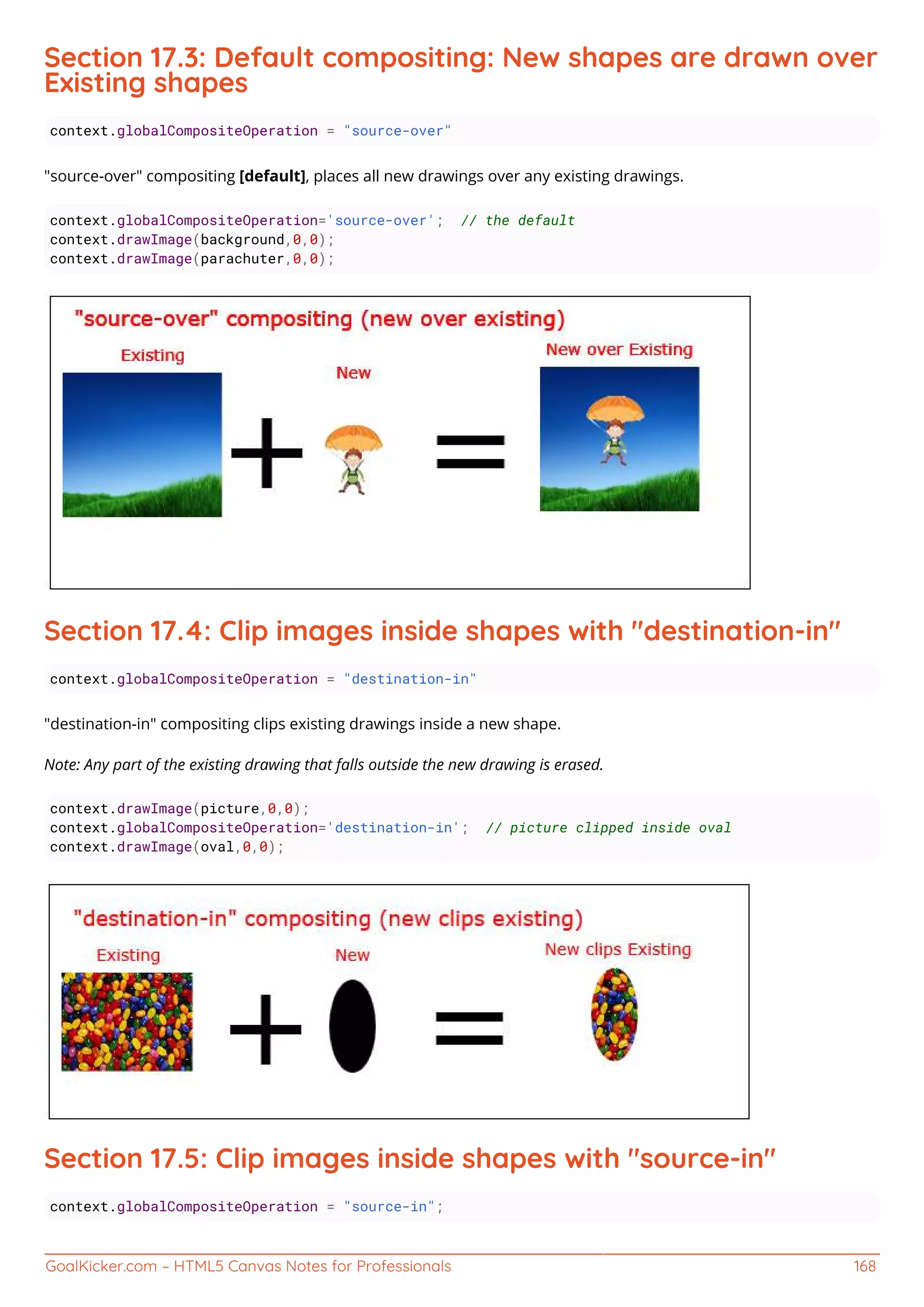 GoalKicker.com – HTML5 Canvas Notes for Professionals 168
Section 17.3: Default compositing: New shapes are drawn over
Existing shapes
context.globalCompositeOperation = "source-over"
"source-over" compositing [default], places all new drawings over any existing drawings.
context.globalCompositeOperation='source-over'; // the default
context.drawImage(background,0,0);
context.drawImage(parachuter,0,0);
Section 17.4: Clip images inside shapes with "destination-in"
context.globalCompositeOperation = "destination-in"
"destination-in" compositing clips existing drawings inside a new shape.
Note: Any part of the existing drawing that falls outside the new drawing is erased.
context.drawImage(picture,0,0);
context.globalCompositeOperation='destination-in'; // picture clipped inside oval
context.drawImage(oval,0,0);
Section 17.5: Clip images inside shapes with "source-in"
context.globalCompositeOperation = "source-in";
 
