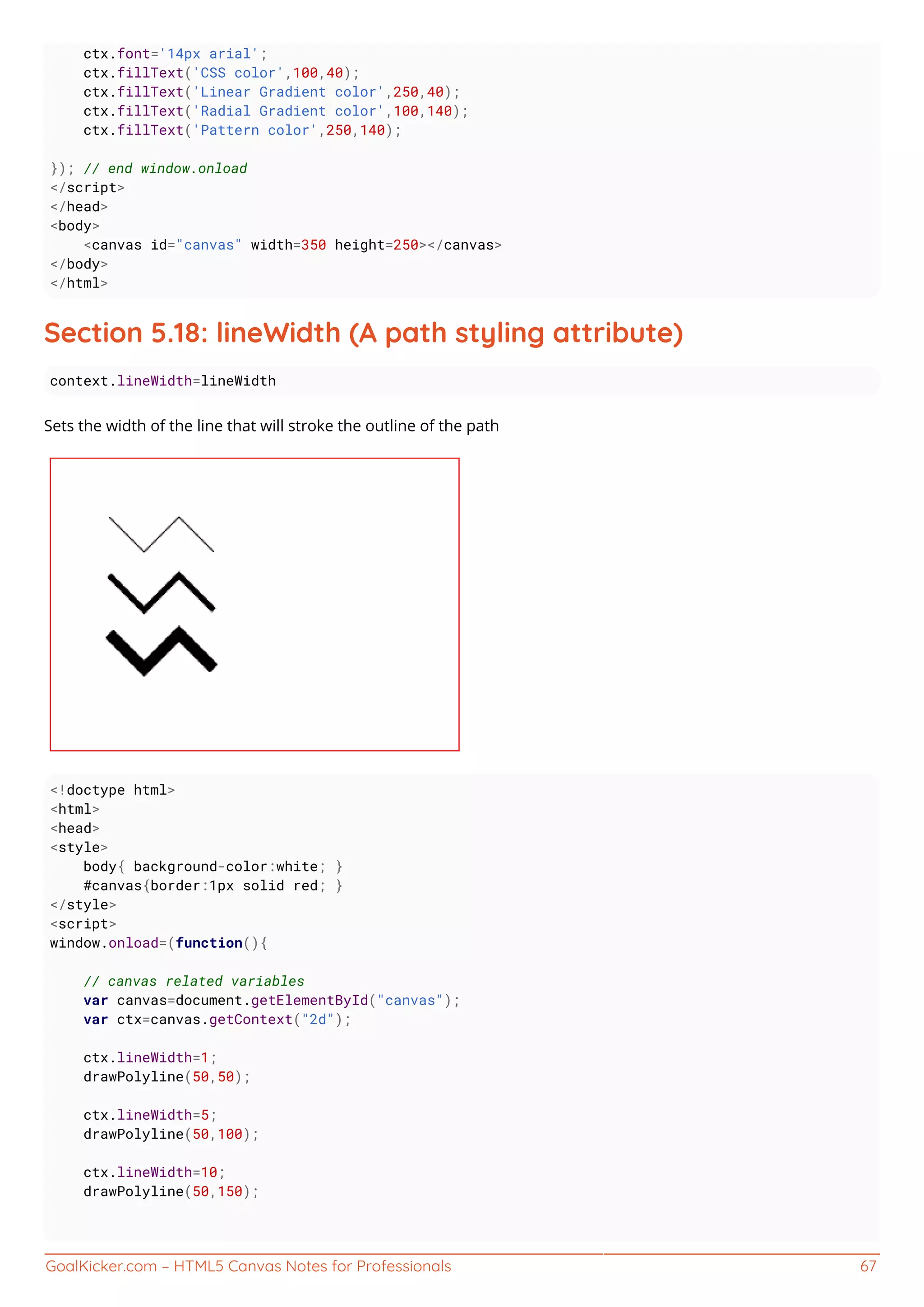 GoalKicker.com – HTML5 Canvas Notes for Professionals 67
ctx.font='14px arial';
ctx.fillText('CSS color',100,40);
ctx.fillText('Linear Gradient color',250,40);
ctx.fillText('Radial Gradient color',100,140);
ctx.fillText('Pattern color',250,140);
}); // end window.onload
</script>
</head>
<body>
<canvas id="canvas" width=350 height=250></canvas>
</body>
</html>
Section 5.18: lineWidth (A path styling attribute)
context.lineWidth=lineWidth
Sets the width of the line that will stroke the outline of the path
<!doctype html>
<html>
<head>
<style>
body{ background-color:white; }
#canvas{border:1px solid red; }
</style>
<script>
window.onload=(function(){
// canvas related variables
var canvas=document.getElementById("canvas");
var ctx=canvas.getContext("2d");
ctx.lineWidth=1;
drawPolyline(50,50);
ctx.lineWidth=5;
drawPolyline(50,100);
ctx.lineWidth=10;
drawPolyline(50,150);
 