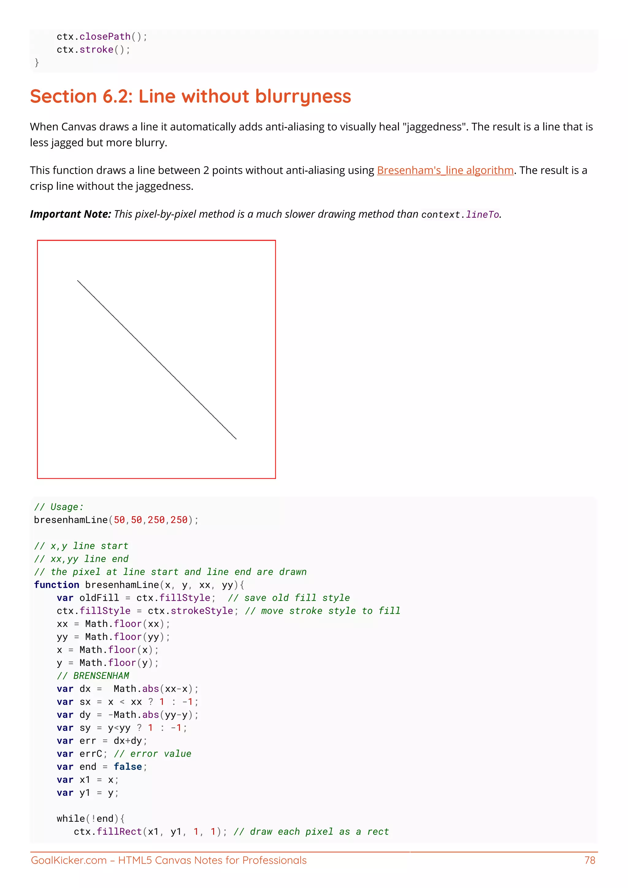 GoalKicker.com – HTML5 Canvas Notes for Professionals 78
ctx.closePath();
ctx.stroke();
}
Section 6.2: Line without blurryness
When Canvas draws a line it automatically adds anti-aliasing to visually heal "jaggedness". The result is a line that is
less jagged but more blurry.
This function draws a line between 2 points without anti-aliasing using Bresenham's_line algorithm. The result is a
crisp line without the jaggedness.
Important Note: This pixel-by-pixel method is a much slower drawing method than context.lineTo.
// Usage:
bresenhamLine(50,50,250,250);
// x,y line start
// xx,yy line end
// the pixel at line start and line end are drawn
function bresenhamLine(x, y, xx, yy){
var oldFill = ctx.fillStyle; // save old fill style
ctx.fillStyle = ctx.strokeStyle; // move stroke style to fill
xx = Math.floor(xx);
yy = Math.floor(yy);
x = Math.floor(x);
y = Math.floor(y);
// BRENSENHAM
var dx = Math.abs(xx-x);
var sx = x < xx ? 1 : -1;
var dy = -Math.abs(yy-y);
var sy = y<yy ? 1 : -1;
var err = dx+dy;
var errC; // error value
var end = false;
var x1 = x;
var y1 = y;
while(!end){
ctx.fillRect(x1, y1, 1, 1); // draw each pixel as a rect
 