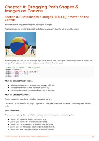 GoalKicker.com – HTML5 Canvas Notes for Professionals 98
Chapter 8: Dragging Path Shapes &
Images on Canvas
Section 8.1: How shapes & images REALLY(!) "move" on the
Canvas
A problem: Canvas only remembers pixels, not shapes or images
This is an image of a circular beach ball, and of course, you can't drag the ball around the image.
It may surprise you that just like an image, if you draw a circle on a Canvas you cannot drag that circle around the
canvas. That's because the canvas won't remember where it drew the circle.
// this arc (==circle) is not draggable!!
context.beginPath();
context.arc(20, 30, 15, 0, Math.PI*2);
context.fillStyle='blue';
context.fill();
What the Canvas DOESN'T know...
...where you drew the circle (it does not know x,y =[20,30]).
...the size of the circle (it does not know radius=15).
...the color of the circle. (it does not know the circle is blue).
What the Canvas DOES know...
Canvas knows the color of every pixel on it's drawing surface.
The canvas can tell you that at x,y==[20,30] there is a blue pixel, but it does not know if this blue pixel is part of a
circle.
What this means...
This means everything drawn on the Canvas is permanent: immovable and unchangeable.
Canvas can't move the circle or resize the circle.
Canvas can't recolor the circle or erase the circle.
Canvas can't say if the mouse is hovering over the circle.
Canvas can't say if the circle is colliding with another circle.
Canvas can't let a user drag the circle around the Canvas.
 
