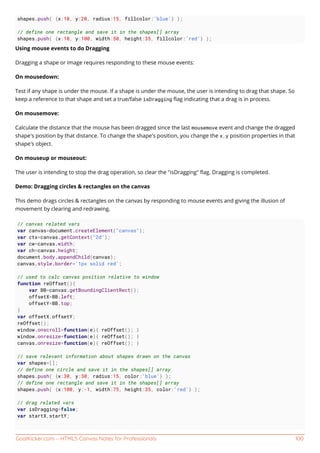 GoalKicker.com – HTML5 Canvas Notes for Professionals 100
shapes.push( {x:10, y:20, radius:15, fillcolor:'blue'} );
// define one rectangle and save it in the shapes[] array
shapes.push( {x:10, y:100, width:50, height:35, fillcolor:'red'} );
Using mouse events to do Dragging
Dragging a shape or image requires responding to these mouse events:
On mousedown:
Test if any shape is under the mouse. If a shape is under the mouse, the user is intending to drag that shape. So
keep a reference to that shape and set a true/false isDragging ﬂag indicating that a drag is in process.
On mousemove:
Calculate the distance that the mouse has been dragged since the last mousemove event and change the dragged
shape's position by that distance. To change the shape's position, you change the x,y position properties in that
shape's object.
On mouseup or mouseout:
The user is intending to stop the drag operation, so clear the "isDragging" ﬂag. Dragging is completed.
Demo: Dragging circles & rectangles on the canvas
This demo drags circles & rectangles on the canvas by responding to mouse events and giving the illusion of
movement by clearing and redrawing.
// canvas related vars
var canvas=document.createElement("canvas");
var ctx=canvas.getContext("2d");
var cw=canvas.width;
var ch=canvas.height;
document.body.appendChild(canvas);
canvas.style.border='1px solid red';
// used to calc canvas position relative to window
function reOffset(){
var BB=canvas.getBoundingClientRect();
offsetX=BB.left;
offsetY=BB.top;
}
var offsetX,offsetY;
reOffset();
window.onscroll=function(e){ reOffset(); }
window.onresize=function(e){ reOffset(); }
canvas.onresize=function(e){ reOffset(); }
// save relevant information about shapes drawn on the canvas
var shapes=[];
// define one circle and save it in the shapes[] array
shapes.push( {x:30, y:30, radius:15, color:'blue'} );
// define one rectangle and save it in the shapes[] array
shapes.push( {x:100, y:-1, width:75, height:35, color:'red'} );
// drag related vars
var isDragging=false;
var startX,startY;
 