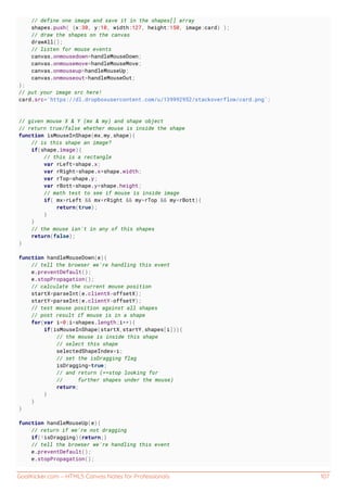 GoalKicker.com – HTML5 Canvas Notes for Professionals 107
// define one image and save it in the shapes[] array
shapes.push( {x:30, y:10, width:127, height:150, image:card} );
// draw the shapes on the canvas
drawAll();
// listen for mouse events
canvas.onmousedown=handleMouseDown;
canvas.onmousemove=handleMouseMove;
canvas.onmouseup=handleMouseUp;
canvas.onmouseout=handleMouseOut;
};
// put your image src here!
card.src='https://dl.dropboxusercontent.com/u/139992952/stackoverflow/card.png';
// given mouse X & Y (mx & my) and shape object
// return true/false whether mouse is inside the shape
function isMouseInShape(mx,my,shape){
// is this shape an image?
if(shape.image){
// this is a rectangle
var rLeft=shape.x;
var rRight=shape.x+shape.width;
var rTop=shape.y;
var rBott=shape.y+shape.height;
// math test to see if mouse is inside image
if( mx>rLeft && mx<rRight && my>rTop && my<rBott){
return(true);
}
}
// the mouse isn't in any of this shapes
return(false);
}
function handleMouseDown(e){
// tell the browser we're handling this event
e.preventDefault();
e.stopPropagation();
// calculate the current mouse position
startX=parseInt(e.clientX-offsetX);
startY=parseInt(e.clientY-offsetY);
// test mouse position against all shapes
// post result if mouse is in a shape
for(var i=0;i<shapes.length;i++){
if(isMouseInShape(startX,startY,shapes[i])){
// the mouse is inside this shape
// select this shape
selectedShapeIndex=i;
// set the isDragging flag
isDragging=true;
// and return (==stop looking for
// further shapes under the mouse)
return;
}
}
}
function handleMouseUp(e){
// return if we're not dragging
if(!isDragging){return;}
// tell the browser we're handling this event
e.preventDefault();
e.stopPropagation();
 