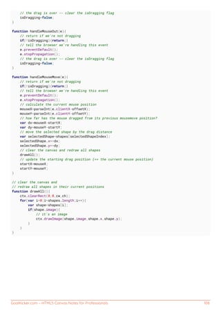 GoalKicker.com – HTML5 Canvas Notes for Professionals 108
// the drag is over -- clear the isDragging flag
isDragging=false;
}
function handleMouseOut(e){
// return if we're not dragging
if(!isDragging){return;}
// tell the browser we're handling this event
e.preventDefault();
e.stopPropagation();
// the drag is over -- clear the isDragging flag
isDragging=false;
}
function handleMouseMove(e){
// return if we're not dragging
if(!isDragging){return;}
// tell the browser we're handling this event
e.preventDefault();
e.stopPropagation();
// calculate the current mouse position
mouseX=parseInt(e.clientX-offsetX);
mouseY=parseInt(e.clientY-offsetY);
// how far has the mouse dragged from its previous mousemove position?
var dx=mouseX-startX;
var dy=mouseY-startY;
// move the selected shape by the drag distance
var selectedShape=shapes[selectedShapeIndex];
selectedShape.x+=dx;
selectedShape.y+=dy;
// clear the canvas and redraw all shapes
drawAll();
// update the starting drag position (== the current mouse position)
startX=mouseX;
startY=mouseY;
}
// clear the canvas and
// redraw all shapes in their current positions
function drawAll(){
ctx.clearRect(0,0,cw,ch);
for(var i=0;i<shapes.length;i++){
var shape=shapes[i];
if(shape.image){
// it's an image
ctx.drawImage(shape.image,shape.x,shape.y);
}
}
}
 