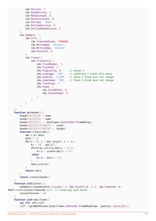 GoalKicker.com – HTML5 Canvas Notes for Professionals 114
ids.Version, 1,
ids.ReadVersion, 1,
ids.MaxIDLength, 4,
ids.MaxSizeLength, 8,
ids.DocType, 'webm',
ids.DocTypeVersion, 2,
ids.DocTypeReadVersion, 2
],
ids.Segment, [
ids.Info, [
ids.TimecodeScale, 1000000,
ids.MuxingApp, 'Groover',
ids.WritingApp, 'Groover',
ids.Duration, 0
],
ids.Tracks,[
ids.TrackEntry,[
ids.TrackNumber, 1,
ids.TrackUID, 1,
ids.FlagLacing, 0, // always o
ids.Language, 'und', // undefined I think this means
ids.CodecID, 'V_VP8', // These I think must not change
ids.CodecName, 'VP8', // These I think must not change
ids.TrackType, 1,
ids.Video, [
ids.PixelWidth, 0,
ids.PixelHeight, 0
]
]
]
]
];
function getHeader(){
header[3][2][3] = name;
header[3][2][5] = name;
header[3][2][7] = dataTypes.double2Str(frameDelay);
header[3][3][1][15][1] = width;
header[3][3][1][15][3] = height;
function create(dat){
var i,kv,data;
data = [];
for(i = 0; i < dat.length; i += 2){
kv = {i : dat[i]};
if(Array.isArray(dat[i + 1])){
kv.d = create(dat[i + 1]);
}else{
kv.d = dat[i + 1];
}
data.push(kv);
}
return data;
}
return create(header);
}
function addCluster(){
webmData[videoDataPos].d.push({ i: ids.Cluster,d: [{ i: ids.Timecode, d:
Math.round(clusterTimecode)}]}); // Fixed bug with Round
clusterCounter = 0;
}
function addFrame(frame){
var VP8, kfS,riff;
riff = getWebPChunks(atob(frame.toDataURL(frameMimeType, quality).slice(23)));
 