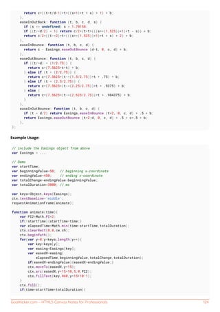 GoalKicker.com – HTML5 Canvas Notes for Professionals 124
return c*((t=t/d-1)*t*((s+1)*t + s) + 1) + b;
},
easeInOutBack: function (t, b, c, d, s) {
if (s == undefined) s = 1.70158;
if ((t/=d/2) < 1) return c/2*(t*t*(((s*=(1.525))+1)*t - s)) + b;
return c/2*((t-=2)*t*(((s*=(1.525))+1)*t + s) + 2) + b;
},
easeInBounce: function (t, b, c, d) {
return c - Easings.easeOutBounce (d-t, 0, c, d) + b;
},
easeOutBounce: function (t, b, c, d) {
if ((t/=d) < (1/2.75)) {
return c*(7.5625*t*t) + b;
} else if (t < (2/2.75)) {
return c*(7.5625*(t-=(1.5/2.75))*t + .75) + b;
} else if (t < (2.5/2.75)) {
return c*(7.5625*(t-=(2.25/2.75))*t + .9375) + b;
} else {
return c*(7.5625*(t-=(2.625/2.75))*t + .984375) + b;
}
},
easeInOutBounce: function (t, b, c, d) {
if (t < d/2) return Easings.easeInBounce (t*2, 0, c, d) * .5 + b;
return Easings.easeOutBounce (t*2-d, 0, c, d) * .5 + c*.5 + b;
},
};
Example Usage:
// include the Easings object from above
var Easings = ...
// Demo
var startTime;
var beginningValue=50; // beginning x-coordinate
var endingValue=450; // ending x-coordinate
var totalChange=endingValue-beginningValue;
var totalDuration=3000; // ms
var keys=Object.keys(Easings);
ctx.textBaseline='middle';
requestAnimationFrame(animate);
function animate(time){
var PI2=Math.PI*2;
if(!startTime){startTime=time;}
var elapsedTime=Math.min(time-startTime,totalDuration);
ctx.clearRect(0,0,cw,ch);
ctx.beginPath();
for(var y=0;y<keys.length;y++){
var key=keys[y];
var easing=Easings[key];
var easedX=easing(
elapsedTime,beginningValue,totalChange,totalDuration);
if(easedX>endingValue){easedX=endingValue;}
ctx.moveTo(easedX,y*15);
ctx.arc(easedX,y*15+10,5,0,PI2);
ctx.fillText(key,460,y*15+10-1);
}
ctx.fill();
if(time<startTime+totalDuration){
 