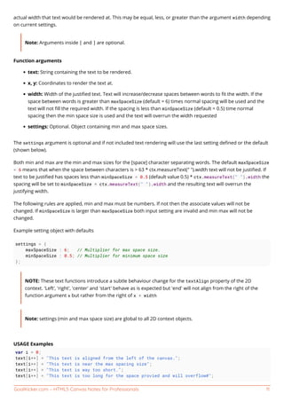 GoalKicker.com – HTML5 Canvas Notes for Professionals 11
actual width that text would be rendered at. This may be equal, less, or greater than the argument width depending
on current settings.
Note: Arguments inside [ and ] are optional.
Function arguments
text: String containing the text to be rendered.
x, y: Coordinates to render the text at.
width: Width of the justiﬁed text. Text will increase/decrease spaces between words to ﬁt the width. If the
space between words is greater than maxSpaceSize (default = 6) times normal spacing will be used and the
text will not ﬁll the required width. If the spacing is less than minSpaceSize (default = 0.5) time normal
spacing then the min space size is used and the text will overrun the width requested
settings: Optional. Object containing min and max space sizes.
The settings argument is optional and if not included text rendering will use the last setting deﬁned or the default
(shown below).
Both min and max are the min and max sizes for the [space] character separating words. The default maxSpaceSize
= 6 means that when the space between characters is > 63 * ctx.measureText(" ").width text will not be justiﬁed. If
text to be justiﬁed has spaces less than minSpaceSize = 0.5 (default value 0.5) * ctx.measureText(" ").width the
spacing will be set to minSpaceSize * ctx.measureText(" ").width and the resulting text will overrun the
justifying width.
The following rules are applied, min and max must be numbers. If not then the associate values will not be
changed. If minSpaceSize is larger than maxSpaceSize both input setting are invalid and min max will not be
changed.
Example setting object with defaults
settings = {
maxSpaceSize : 6; // Multiplier for max space size.
minSpaceSize : 0.5; // Multiplier for minimum space size
};
NOTE: These text functions introduce a subtle behaviour change for the textAlign property of the 2D
context. 'Left', 'right', 'center' and 'start' behave as is expected but 'end' will not align from the right of the
function argument x but rather from the right of x + width
Note: settings (min and max space size) are global to all 2D context objects.
USAGE Examples
var i = 0;
text[i++] = "This text is aligned from the left of the canvas.";
text[i++] = "This text is near the max spacing size";
text[i++] = "This text is way too short.";
text[i++] = "This text is too long for the space provied and will overflow#";
 