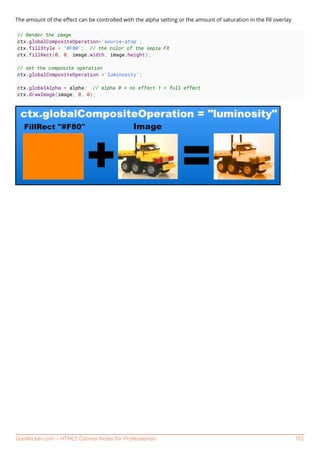 GoalKicker.com – HTML5 Canvas Notes for Professionals 172
The amount of the eﬀect can be controlled with the alpha setting or the amount of saturation in the ﬁll overlay
// Render the image
ctx.globalCompositeOperation='source-atop';
ctx.fillStyle = "#F80"; // the color of the sepia FX
ctx.fillRect(0, 0, image.width, image.height);
// set the composite operation
ctx.globalCompositeOperation ='luminosity';
ctx.globalAlpha = alpha; // alpha 0 = no effect 1 = full effect
ctx.drawImage(image, 0, 0);
 