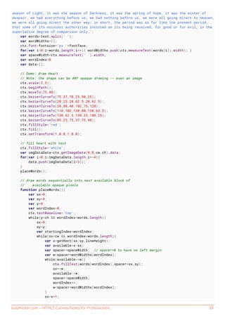 GoalKicker.com – HTML5 Canvas Notes for Professionals 29
season of Light, it was the season of Darkness, it was the spring of hope, it was the winter of
despair, we had everything before us, we had nothing before us, we were all going direct to Heaven,
we were all going direct the other way; in short, the period was so far like the present period,
that some of its noisiest authorities insisted on its being received, for good or for evil, in the
superlative degree of comparison only.';
var words=text.split(' ');
var wordWidths=[];
ctx.font=fontsize+'px '+fontface;
for(var i=0;i<words.length;i++){ wordWidths.push(ctx.measureText(words[i]).width); }
var spaceWidth=ctx.measureText(' ').width;
var wordIndex=0
var data=[];
// Demo: draw Heart
// Note: the shape can be ANY opaque drawing -- even an image
ctx.scale(3,3);
ctx.beginPath();
ctx.moveTo(75,40);
ctx.bezierCurveTo(75,37,70,25,50,25);
ctx.bezierCurveTo(20,25,20,62.5,20,62.5);
ctx.bezierCurveTo(20,80,40,102,75,120);
ctx.bezierCurveTo(110,102,130,80,130,62.5);
ctx.bezierCurveTo(130,62.5,130,25,100,25);
ctx.bezierCurveTo(85,25,75,37,75,40);
ctx.fillStyle='red';
ctx.fill();
ctx.setTransform(1,0,0,1,0,0);
// fill heart with text
ctx.fillStyle='white';
var imgDataData=ctx.getImageData(0,0,cw,ch).data;
for(var i=0;i<imgDataData.length;i+=4){
data.push(imgDataData[i+3]);
}
placeWords();
// draw words sequentially into next available block of
// available opaque pixels
function placeWords(){
var sx=0;
var sy=0;
var y=0;
var wordIndex=0;
ctx.textBaseline='top';
while(y<ch && wordIndex<words.length){
sx=0;
sy=y;
var startingIndex=wordIndex;
while(sx<cw && wordIndex<words.length){
var x=getRect(sx,sy,lineHeight);
var available=x-sx;
var spacer=spaceWidth; // spacer=0 to have no left margin
var w=spacer+wordWidths[wordIndex];
while(available>=w){
ctx.fillText(words[wordIndex],spacer+sx,sy);
sx+=w;
available-=w;
spacer=spaceWidth;
wordIndex++;
w=spacer+wordWidths[wordIndex];
}
sx=x+1;
 