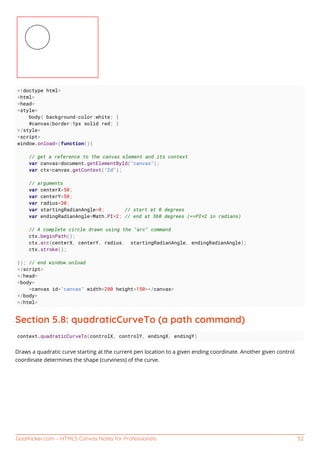 GoalKicker.com – HTML5 Canvas Notes for Professionals 52
<!doctype html>
<html>
<head>
<style>
body{ background-color:white; }
#canvas{border:1px solid red; }
</style>
<script>
window.onload=(function(){
// get a reference to the canvas element and its context
var canvas=document.getElementById("canvas");
var ctx=canvas.getContext("2d");
// arguments
var centerX=50;
var centerY=50;
var radius=30;
var startingRadianAngle=0; // start at 0 degrees
var endingRadianAngle=Math.PI*2; // end at 360 degrees (==PI*2 in radians)
// A complete circle drawn using the "arc" command
ctx.beginPath();
ctx.arc(centerX, centerY, radius, startingRadianAngle, endingRadianAngle);
ctx.stroke();
}); // end window.onload
</script>
</head>
<body>
<canvas id="canvas" width=200 height=150></canvas>
</body>
</html>
Section 5.8: quadraticCurveTo (a path command)
context.quadraticCurveTo(controlX, controlY, endingX, endingY)
Draws a quadratic curve starting at the current pen location to a given ending coordinate. Another given control
coordinate determines the shape (curviness) of the curve.
 