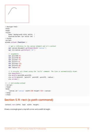GoalKicker.com – HTML5 Canvas Notes for Professionals 55
<!doctype html>
<html>
<head>
<style>
body{ background-color:white; }
#canvas{border:1px solid red; }
</style>
<script>
window.onload=(function(){
// get a reference to the canvas element and it's context
var canvas=document.getElementById("canvas");
var ctx=canvas.getContext("2d");
// arguments
var pointX0=25;
var pointY0=80;
var pointX1=75;
var pointY1=0;
var pointX2=125;
var pointY2=80;
var radius=25;
// A circular arc drawn using the "arcTo" command. The line is automatically drawn.
ctx.beginPath();
ctx.moveTo(pointX0,pointY0);
ctx.arcTo(pointX1, pointY1, pointX2, pointY2, radius);
ctx.stroke();
}); // end window.onload
</script>
</head>
<body>
<canvas id="canvas" width=200 height=150></canvas>
</body>
</html>
Section 5.11: rect (a path command)
context.rect(leftX, topY, width, height)
Draws a rectangle given a top-left corner and a width & height.
 
