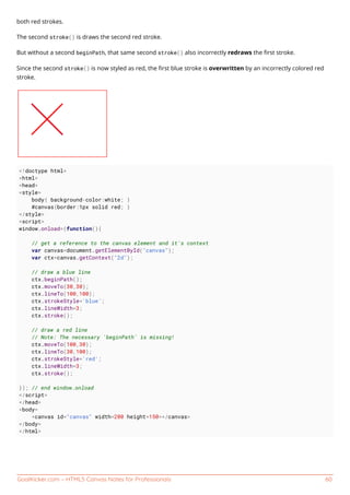GoalKicker.com – HTML5 Canvas Notes for Professionals 60
both red strokes.
The second stroke() is draws the second red stroke.
But without a second beginPath, that same second stroke() also incorrectly redraws the ﬁrst stroke.
Since the second stroke() is now styled as red, the ﬁrst blue stroke is overwritten by an incorrectly colored red
stroke.
<!doctype html>
<html>
<head>
<style>
body{ background-color:white; }
#canvas{border:1px solid red; }
</style>
<script>
window.onload=(function(){
// get a reference to the canvas element and it's context
var canvas=document.getElementById("canvas");
var ctx=canvas.getContext("2d");
// draw a blue line
ctx.beginPath();
ctx.moveTo(30,30);
ctx.lineTo(100,100);
ctx.strokeStyle='blue';
ctx.lineWidth=3;
ctx.stroke();
// draw a red line
// Note: The necessary 'beginPath' is missing!
ctx.moveTo(100,30);
ctx.lineTo(30,100);
ctx.strokeStyle='red';
ctx.lineWidth=3;
ctx.stroke();
}); // end window.onload
</script>
</head>
<body>
<canvas id="canvas" width=200 height=150></canvas>
</body>
</html>
 