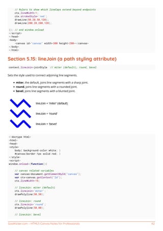 GoalKicker.com – HTML5 Canvas Notes for Professionals 62
// Rulers to show which lineCaps extend beyond endpoints
ctx.lineWidth=1;
ctx.strokeStyle='red';
drawLine(50,20,50,120);
drawLine(200,20,200,120);
}); // end window.onload
</script>
</head>
<body>
<canvas id="canvas" width=300 height=200></canvas>
</body>
</html>
Section 5.15: lineJoin (a path styling attribute)
context.lineJoin=joinStyle // miter (default), round, bevel
Sets the style used to connect adjoining line segments.
miter, the default, joins line segments with a sharp joint.
round, joins line segments with a rounded joint.
bevel, joins line segments with a blunted joint.
<!doctype html>
<html>
<head>
<style>
body{ background-color:white; }
#canvas{border:1px solid red; }
</style>
<script>
window.onload=(function(){
// canvas related variables
var canvas=document.getElementById("canvas");
var ctx=canvas.getContext("2d");
ctx.lineWidth=15;
// lineJoin: miter (default)
ctx.lineJoin='miter';
drawPolyline(50,30);
// lineJoin: round
ctx.lineJoin='round';
drawPolyline(50,80);
// lineJoin: bevel
 