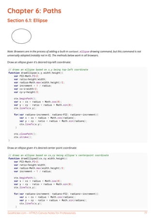 GoalKicker.com – HTML5 Canvas Notes for Professionals 77
Chapter 6: Paths
Section 6.1: Ellipse
Note: Browsers are in the process of adding a built-in context.ellipse drawing command, but this command is not
universally adopted (notably not in IE). The methods below work in all browsers.
Draw an ellipse given it's desired top-left coordinate:
// draws an ellipse based on x,y being top-left coordinate
function drawEllipse(x,y,width,height){
var PI2=Math.PI*2;
var ratio=height/width;
var radius=Math.max(width,height)/2;
var increment = 1 / radius;
var cx=x+width/2;
var cy=y+height/2;
ctx.beginPath();
var x = cx + radius * Math.cos(0);
var y = cy - ratio * radius * Math.sin(0);
ctx.lineTo(x,y);
for(var radians=increment; radians<PI2; radians+=increment){
var x = cx + radius * Math.cos(radians);
var y = cy - ratio * radius * Math.sin(radians);
ctx.lineTo(x,y);
}
ctx.closePath();
ctx.stroke();
}
Draw an ellipse given it's desired center point coordinate:
// draws an ellipse based on cx,cy being ellipse's centerpoint coordinate
function drawEllipse2(cx,cy,width,height){
var PI2=Math.PI*2;
var ratio=height/width;
var radius=Math.max(width,height)/2;
var increment = 1 / radius;
ctx.beginPath();
var x = cx + radius * Math.cos(0);
var y = cy - ratio * radius * Math.sin(0);
ctx.lineTo(x,y);
for(var radians=increment; radians<PI2; radians+=increment){
var x = cx + radius * Math.cos(radians);
var y = cy - ratio * radius * Math.sin(radians);
ctx.lineTo(x,y);
}
 