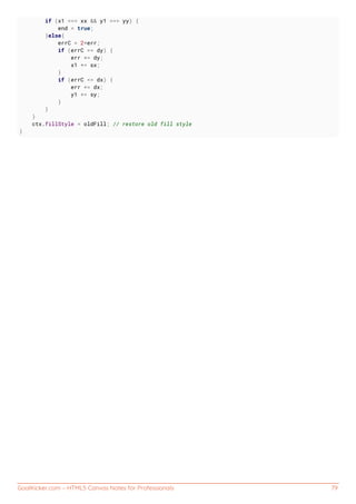 GoalKicker.com – HTML5 Canvas Notes for Professionals 79
if (x1 === xx && y1 === yy) {
end = true;
}else{
errC = 2*err;
if (errC >= dy) {
err += dy;
x1 += sx;
}
if (errC <= dx) {
err += dx;
y1 += sy;
}
}
}
ctx.fillStyle = oldFill; // restore old fill style
}
 
