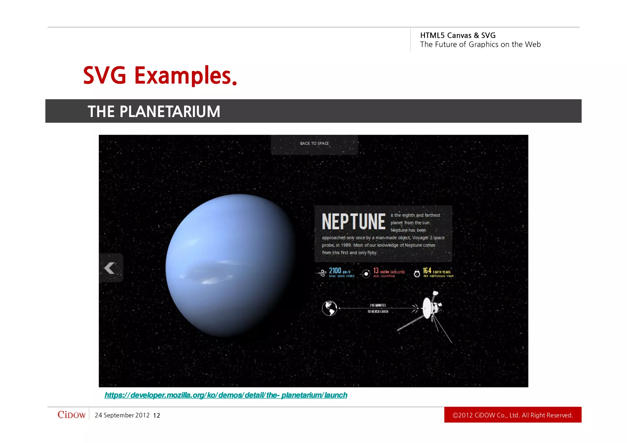 .devreseR thgiR llA .dtL ,.oC WODiC 2102Ⓒ                                                                                  21   2102 rebmetpeS 42
                                                                 https:/ / developer.mozilla.org/ ko/ demos/ detail/ the- planetarium/ launch
                                                                                                                     the-
                                                                                                        THE PLANETARIUM
                                                                                                   SVG Examples.
          b e W e h t n o s ci h p a r G f o e r u t u F e h T
                             G VS & savna C 5L MT H
 
