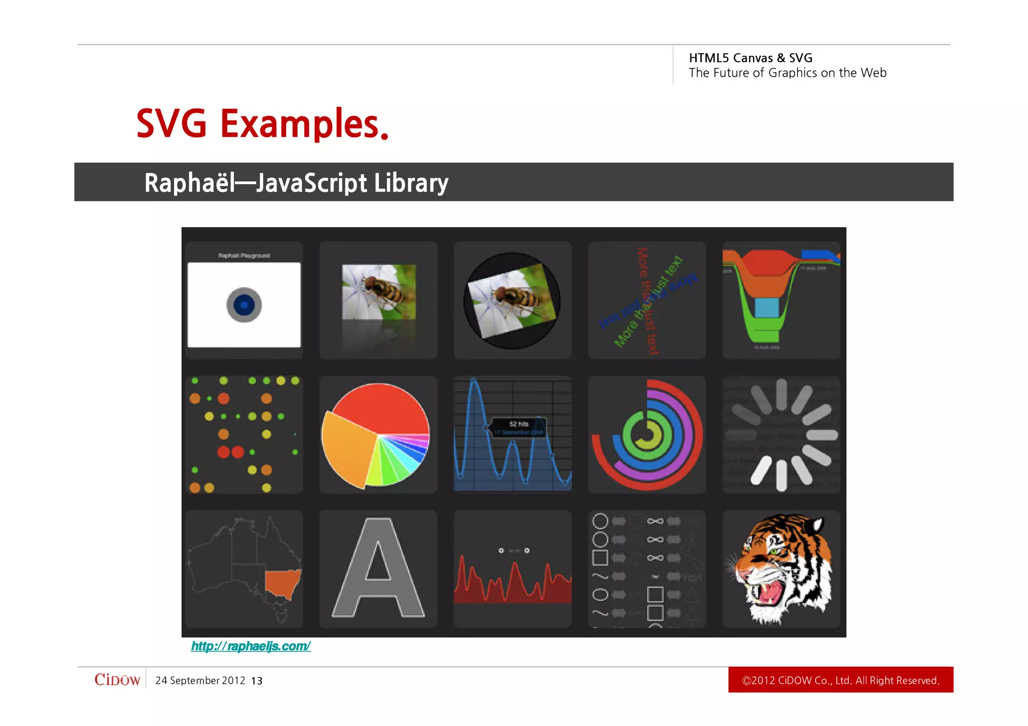 .devreseR thgiR llA .dtL ,.oC WODiC 2102Ⓒ                                           31   2102 rebmetpeS 42
                                                                            http:/ / raphaeljs.com/
                                                                 Raphaël—JavaScript Library
                                                                      SVG Examples.
          b e W e h t n o s ci h p a r G f o e r u t u F e h T
                             G VS & savna C 5L MT H
 