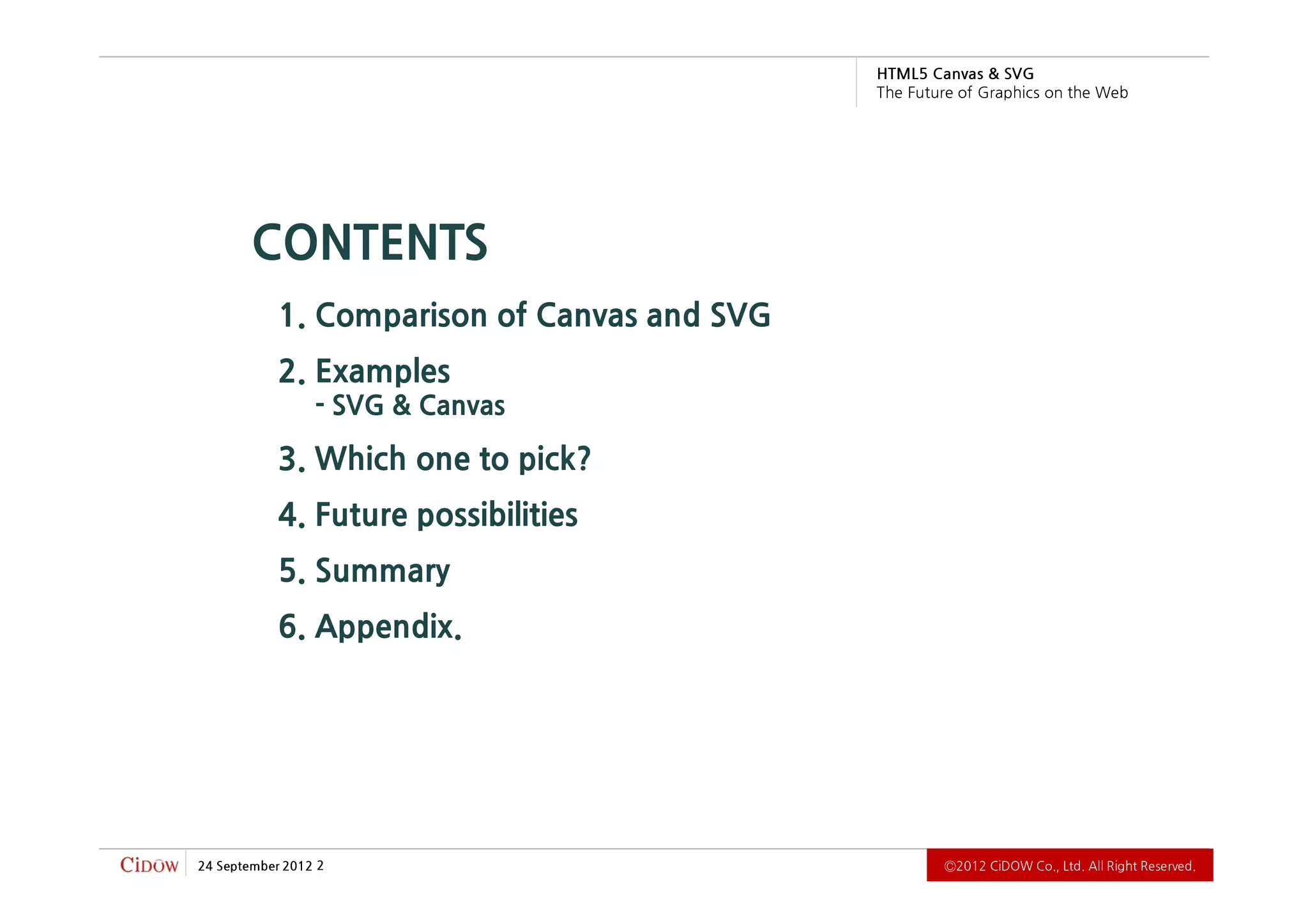 .devreseR thgiR llA .dtL ,.oC WODiC 2102Ⓒ                                                       2 2102 rebmetpeS 42
                                                                                     6. Appendix.
                                                                                      5. Summary
                                                                             4. Future possibilities
                                                                            3. Which one to pick?
                                                                                  - SVG & Canvas
                                                                                      2. Examples
                                                                 1. Comparison of Canvas and SVG
                                                                                   CONTENTS
          b e W e h t n o s ci h p a r G f o e r u t u F e h T
                             G VS & savna C 5L MT H
 