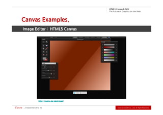 .devreseR thgiR llA .dtL ,.oC WODiC 2102Ⓒ                                                       61   2102 rebmetpeS 42
                                                                       http:/ / mudcu.be/ sketchpad/
                                                                 Image Editor : HTML5 Canvas
                                                                    Canvas Examples.
          b e W e h t n o s ci h p a r G f o e r u t u F e h T
                             G VS & savna C 5L MT H
 