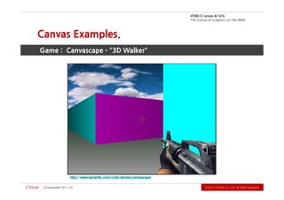 .devreseR thgiR llA .dtL ,.oC WODiC 2102Ⓒ                                                                         71   2102 rebmetpeS 42
                                                                 http:/ / www.benjoffe.com/ code/ demos/ canvascape/
                                                                   Game : Canvascape - "3D Walker"
                                                                                    Canvas Examples.
          b e W e h t n o s ci h p a r G f o e r u t u F e h T
                             G VS & savna C 5L MT H
 