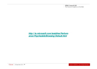 .devreseR thgiR llA .dtL ,.oC WODiC 2102Ⓒ                                                            42   2102 rebmetpeS 42
                                                     ance/ PsychedelicBrowsing/ Default.html
                                                     http:/ / ie.microsoft.com/ testdrive/ Perform
          b e W e h t n o s ci h p a r G f o e r u t u F e h T
                             G VS & savna C 5L MT H
 