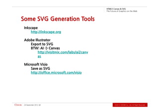 G VS & savna C 5L MT H
                                             b e W e h t n o s ci h p a r G f o e r u t u F e h T



Some SVG Generation Tools
 Inkscape
     http://inkscape.org

 Adobe Illustrator
    Export to SVG
    BTW: AI -> Canvas
          http://visitmix.com/labs/ai2canv
          as

 Microsoft Visio
     Save as SVG
     http://office.microsoft.com/visio




 2102 rebmetpeS 42   72                                   .devreseR thgiR llA .dtL ,.oC WODiC 2102Ⓒ
 