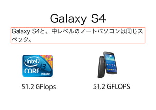Galaxy S4
51.2 GFlops
Galaxy S4と、中レベルのノートパソコンは同じス
ペック。
51.2 GFLOPS
 