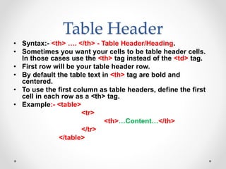 Table Header
• Syntax:- <th> …. </th> - Table Header/Heading.
• Sometimes you want your cells to be table header cells.
In those cases use the <th> tag instead of the <td> tag.
• First row will be your table header row.
• By default the table text in <th> tag are bold and
centered.
• To use the first column as table headers, define the first
cell in each row as a <th> tag.
• Example:- <table>
<tr>
<th>…Content…</th>
</tr>
</table>
 