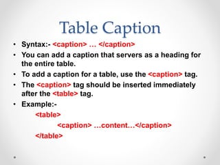 Table Caption
• Syntax:- <caption> … </caption>
• You can add a caption that servers as a heading for
the entire table.
• To add a caption for a table, use the <caption> tag.
• The <caption> tag should be inserted immediately
after the <table> tag.
• Example:-
<table>
<caption> …content…</caption>
</table>
 