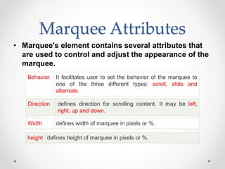Marquee Attributes
• Marquee's element contains several attributes that
are used to control and adjust the appearance of the
marquee.
Behavior It facilitates user to set the behavior of the marquee to
one of the three different types: scroll, slide and
alternate.
Direction defines direction for scrolling content. It may be left,
right, up and down.
Width defines width of marquee in pixels or %.
height defines height of marquee in pixels or %.
 